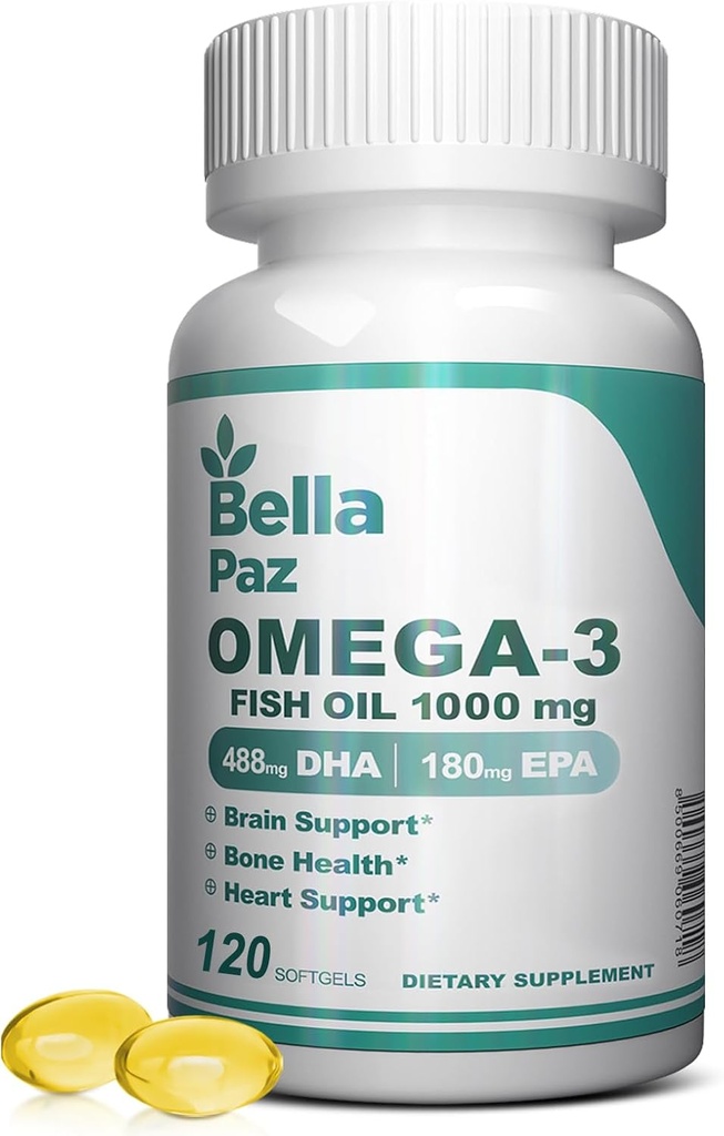 Omega 3 FishOil Supplements - 1000mg Fish Oil 788 mg Omega-3 Fatty Acid Burpless, 488 DHA & 180 EPA for Muscle Bone Heart Brain Support and Health, Supplements for Men and Women, 120 Softgels