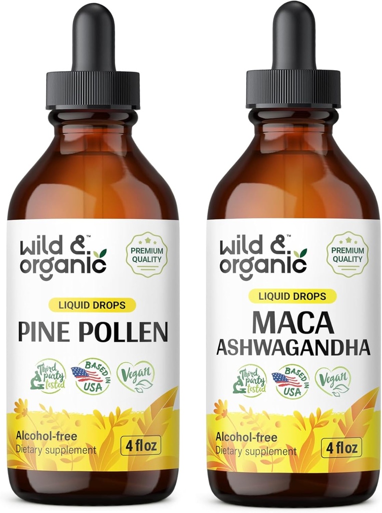 Wild & Organic Pine Pollen Tincture 4 fl oz & Maca Ashwagandha Tincture 4 fl oz