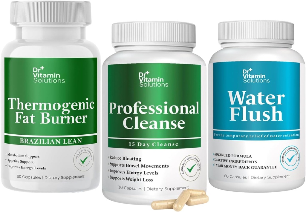DR VITAMIN SOLUTIONS Thermogenic Fat Burner, 15 Day Cleanse, Water Flush, Weight Loss for Women & Men Bundle, 180 Capsules