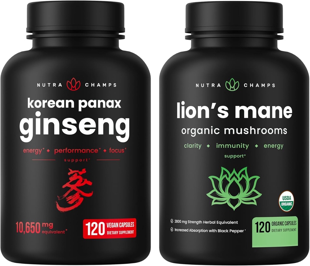 NutraChamps Korean Ginseng Capsules and Lions Mane Capsules 2 Pack Bundle