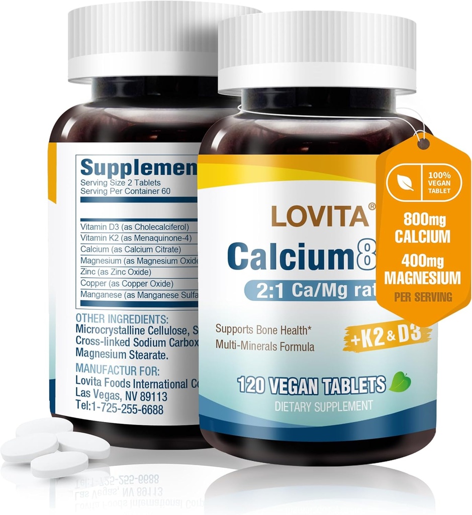 LOVITA Calcium Citrate 800 mg with Magnesium, Vitamin D3 & K2, Bone Strength & Density Supplement for Women & Men, Supports Teeth, Immune Health, Gluten Free, Non-GMO, 120 Vegan Tablets