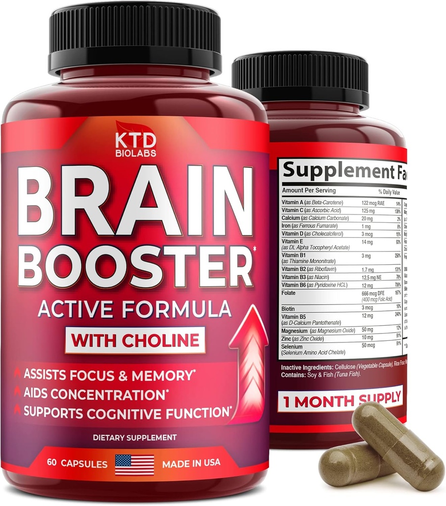 Nootropics Brain Support Supplement - Made in USA - Natural Brain Booster Supplement for Focus, Memory, Clarity, Energy Enhancement - Bacopa Monnieri, Choline & DMAE, 60 Capsules