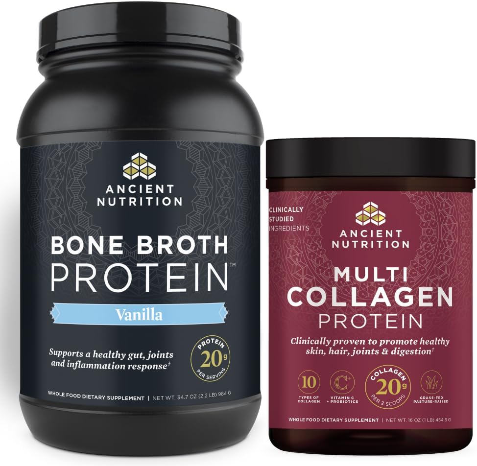 Ancient Nutrition Bone Broth Protein Powder, Vanilla, 40 Servings + Multi Collagen Protein Powder, Unflavored, 45 Servings