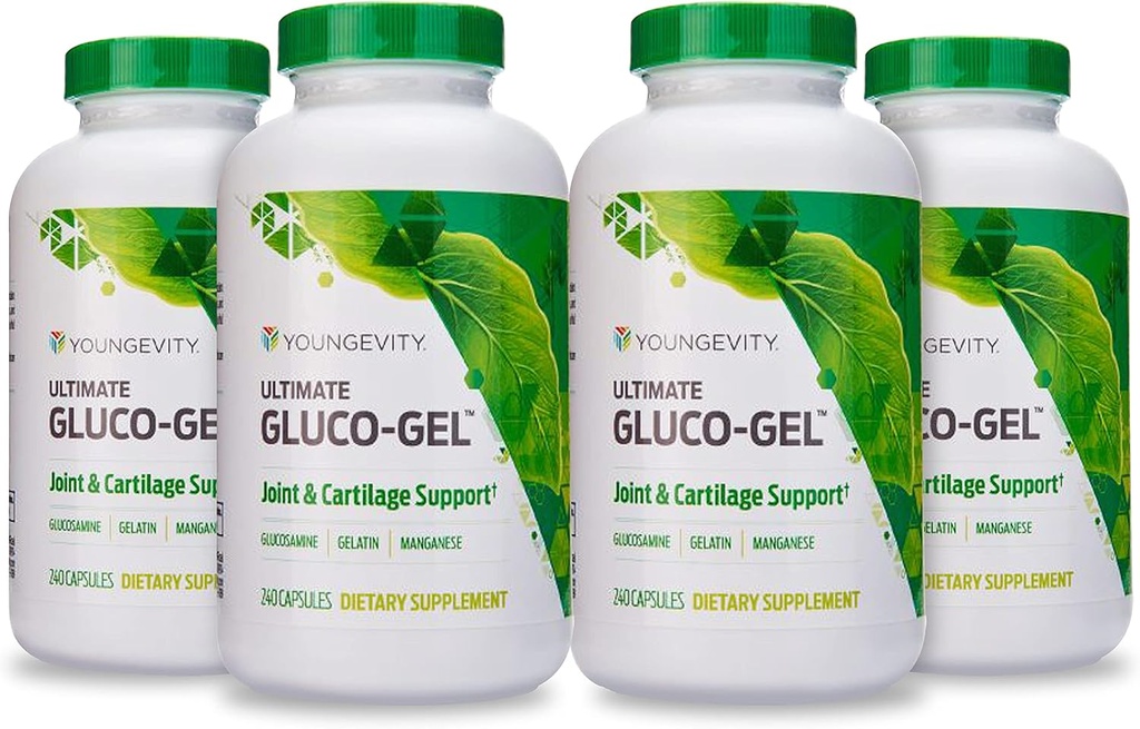 Youngevity Ultimate Gluco-Gel -for Joints, Tendons, Bones & Cartilage | Contains Glucosamine, Gelatin & Manganese | 240 Capsules | 4 Bottle