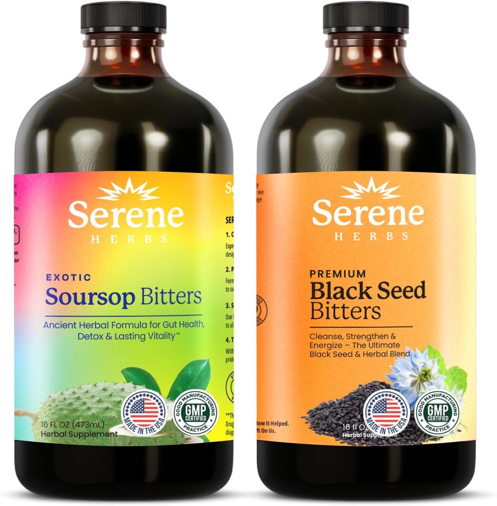 Serene Herbs Soursop Bitters Liquid & Black Seed Bundle – Organic Herbal Guanabana for Digestive Support & Immune Health – Vegan, Non-GMO – 32 oz (16 oz Each), 64 Servings