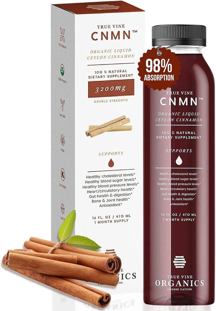 True Vine 3200mg Liquid Ceylon Cinnamon Supplement (Made in USA) for Healthy Heart, Blood Pressure, Sugar, Cholesterol, Gut & Joints — 100% Organic Ceylon Cinnamon to Fight Free Radicals (16 fl oz)
