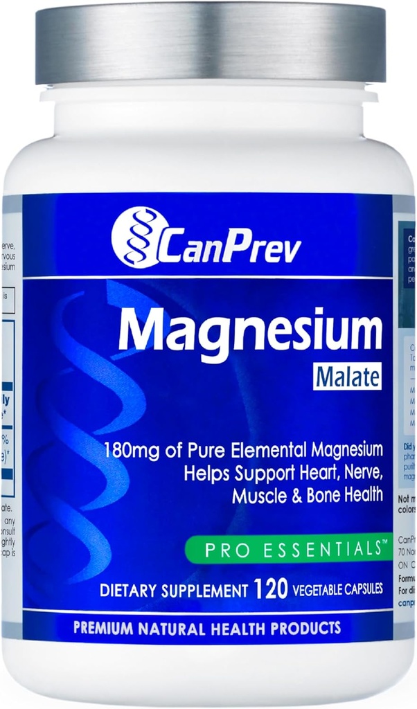 CanPrev Magnesium Malate, 120 Veg Caps, 120-Day Supply, 180mg Elemental Magnesium & 540mg Malic Acid, Vegan & Non-GMO, Supports Relaxation, Energy, Muscle Function, Bone Strength & Overall Well-Being