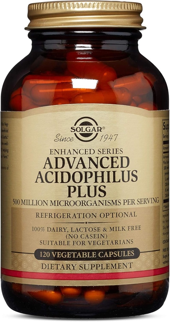 Solgar Advanced Acidophilus Plus, 120 Vegetable Capsules - Supports Healthy Intestinal Flora - 500 Million Microorganisms Per Serving - Gluten & Dairy Free - Vegetarian - 120 Servings
