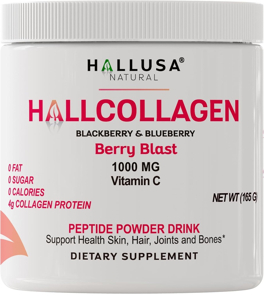Hallusa Natural Hydrolyzed Collagen Peptides Powder 1000mg with Vitamin C | BlackBerry & Blueberry Flavor | 4g Collagen per Serving | Healthy Hair, Skin, Nails, Bone & Joint Support