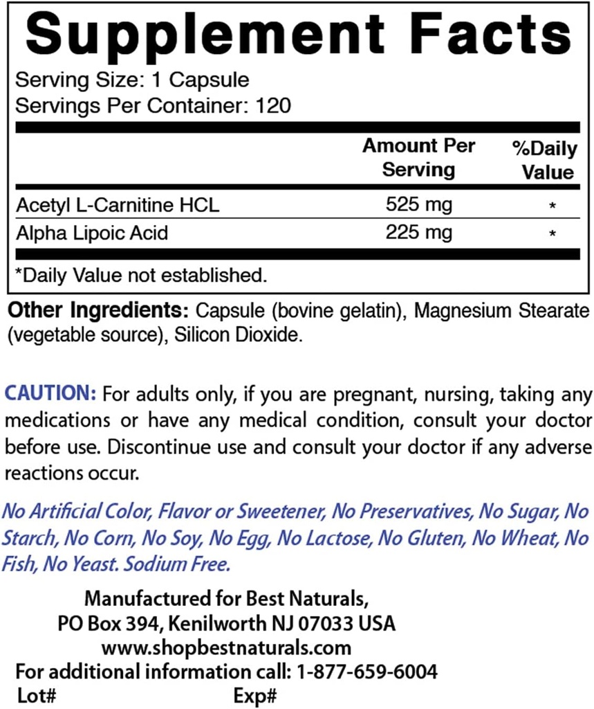 Best Naturals Acetyl L-Carnitine and Alpha Lipoic Acid 750 mg & CoQ10 600 mg