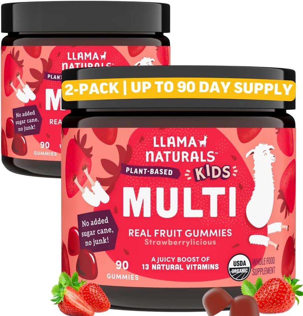 Llama Naturals Kids Multivitamin Gummies, Vegan, Organic with Vitamin D, C & K, Toddler Real Fruit Gummy Vitamins, Chewable Supplement, Whole Food Multivitamin, No Added Sugar Cane, Strawberry, 2 Pk