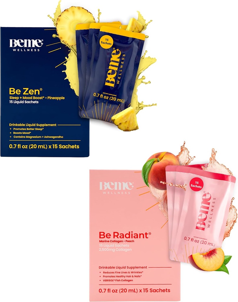 BeMe BeRadiant Peach & BeZen Bundle - Liquid Collagen & Magnesium Glycinate L-Theanine Supplements
