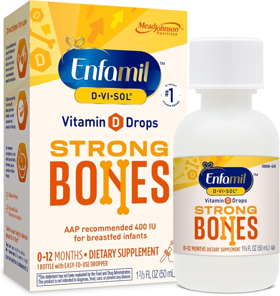Enfamil Baby Vitamin D-Vi-Sol Liquid Supplement Drops for Infants, Supporting Strong Teeth & Bones in Newborn Babies, Easy-to-Use, Gluten-Free, 50 Day Supply, Dropper Bottle