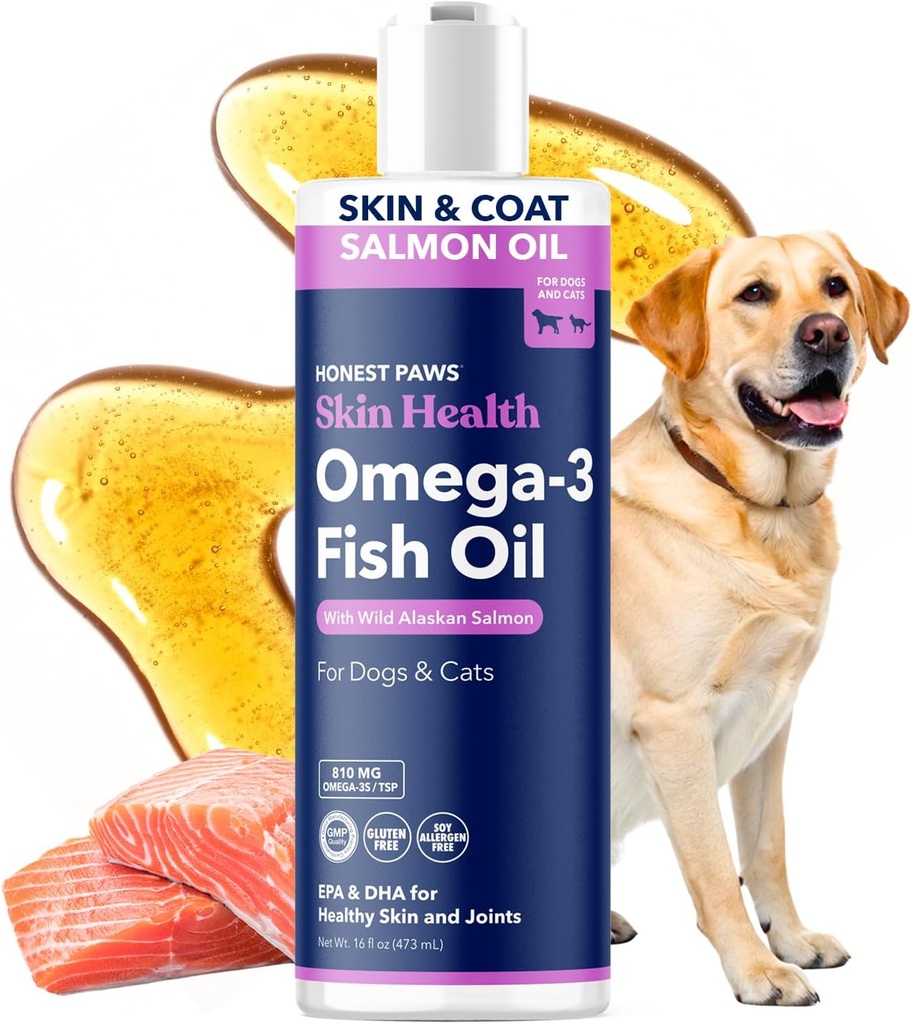 Honest Paws Wild Alaskan Salmon Oil for Dogs & Cats – Omega 3 Fish Oil Supplement for Skin, Coat, Joint & Heart Health – Natural, Sustainably Sourced, 16 oz