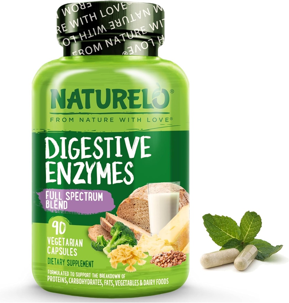 NATURELO Digestive Enzymes - Full Spectrum Support with a Broad Blend of 15 Enzymes Plus Ginger - 90 Vegan Capsules