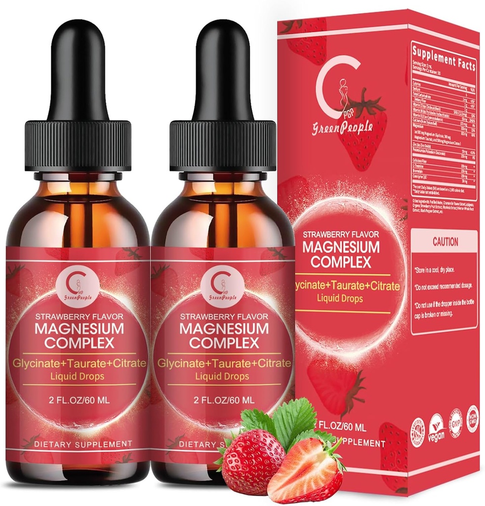 (2 Pack) Magnesium Glycinate Liquid Drops with Citrate & Taurate,Triple Magnesium Complex Supplement with Calcium, Potassium for Energy, Sleep, Muscle, Immune, Sugar Free, Strawberry Flavor, 4 Fl OZ