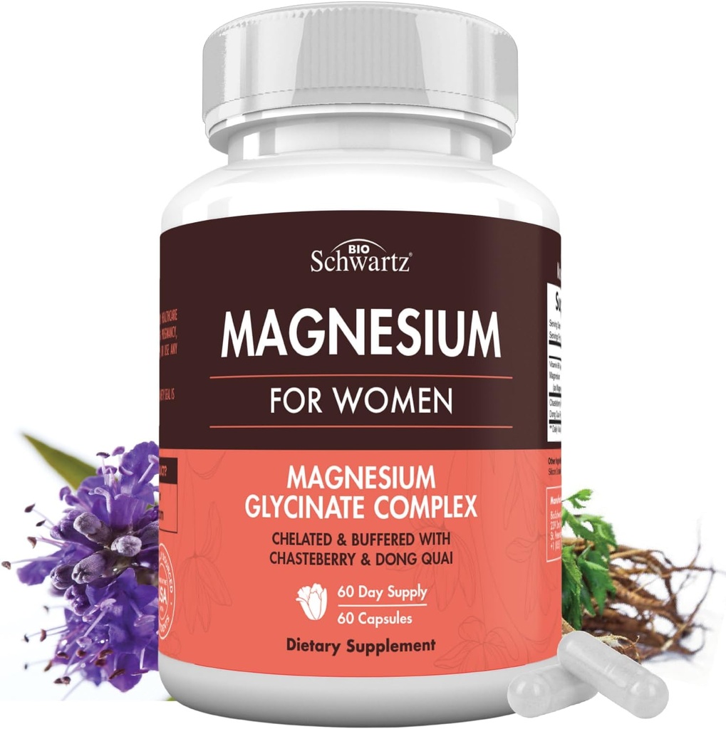 4-in-1 Magnesium Complex for Women - Magnesium Bisglycinate with Chasteberry, Dong Quai & Vitamin B6 for Stress Relief, Better Sleep, Nerve, Bone & Muscle Support - Third Party Tested, 60 Capsules