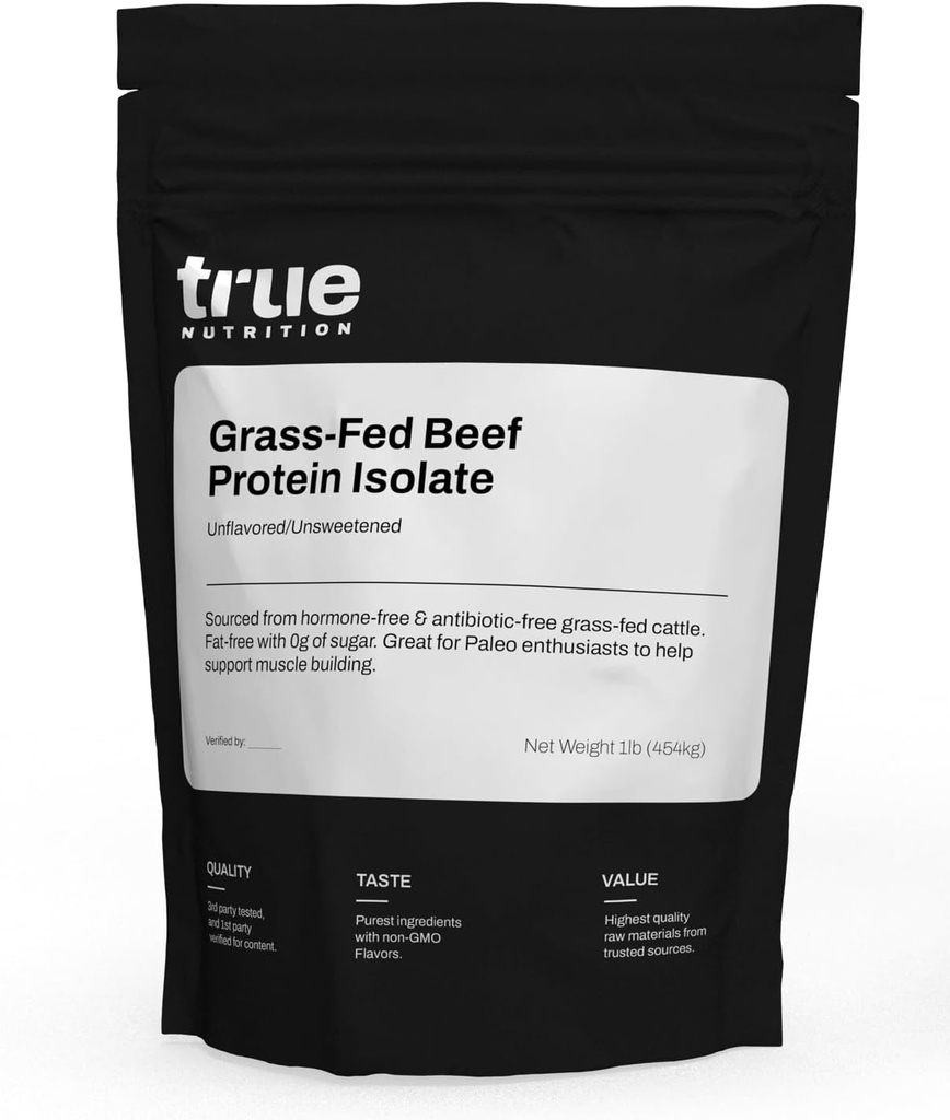 True Nutrition Grass Fed Beef Protein Powder Isolate - 29g of Paleo, Keto, Carnivore Beef Protein per Serving - Zero Carb, Fat and Gluten Free, Dairy Free, Soy Free - Unsweetened/Unflavored - 1LB