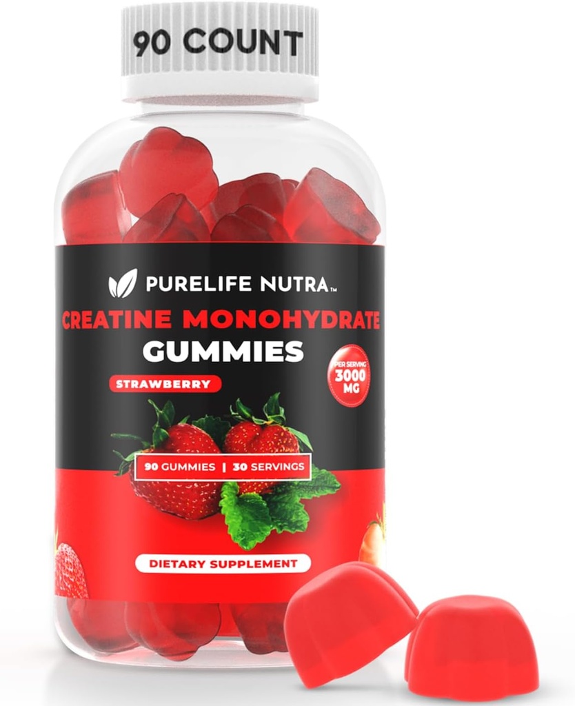 Creatine Monohydrate Gummies - 3g Serving, Sugar Free, 90 Count, Non-GMO, Designed for Men & Women, Gluten Free, Non Bloating - Vegan, Halal, Kosher. (90 Units, Strawberry)