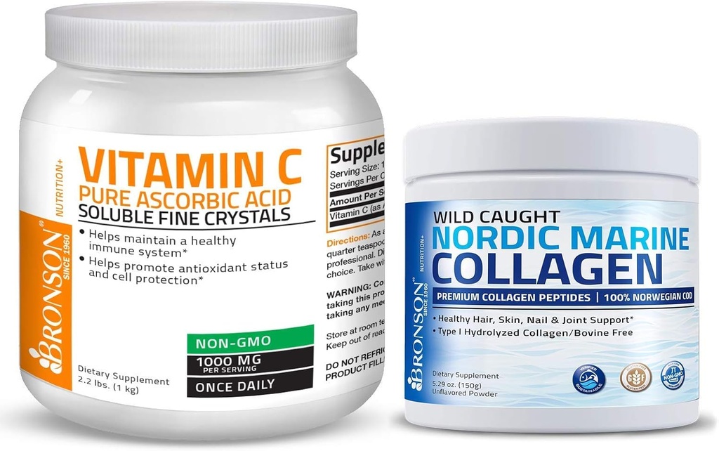 Bronson Marine Collagen Peptides Hydrolyzed Protein Powder 100% Wild Caught Nordic Cod Vitamin C Powder Pure Ascorbic Acid Soluble Fine Non GMO Crystals