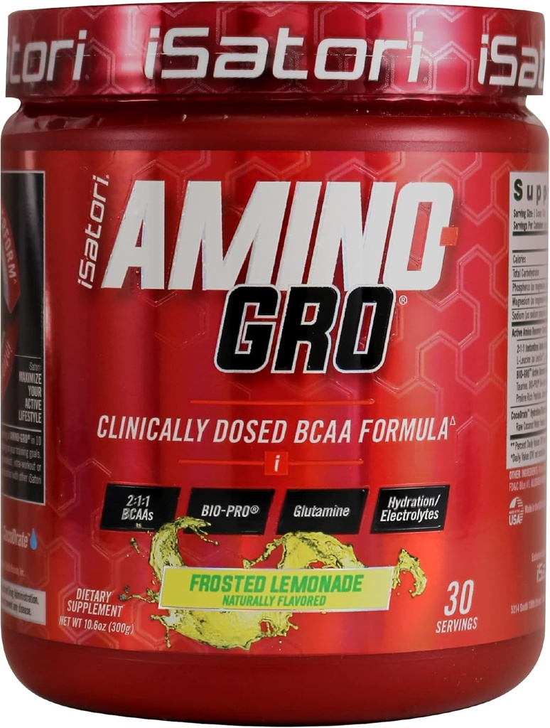 iSatori Amino-GRO BCAA Powder, Branched Chain Amino Acids with Glutamine, Electrolyte Powder & Bio-GRO Bio-Active Peptides for Muscle Growth & Post Workout Recovery, Frosted Lemonade (30 Servings)