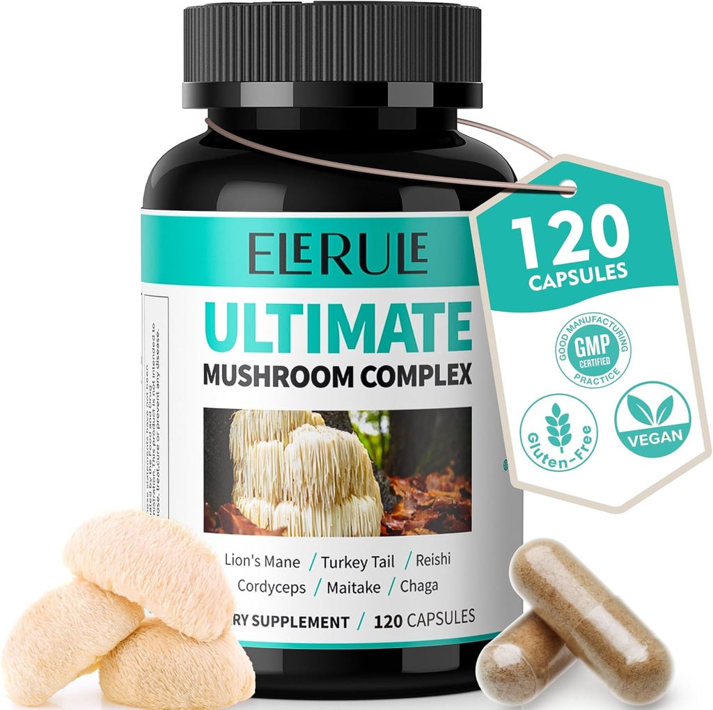 6 in 1 Mushroom Supplement - Focus, Memory, Nootropics Brain & Immune Support Mushroom Complex with Lions Mane, Reishi, Cordyceps, Chaga, Turkey Tail, Maitake (120 Capsules)