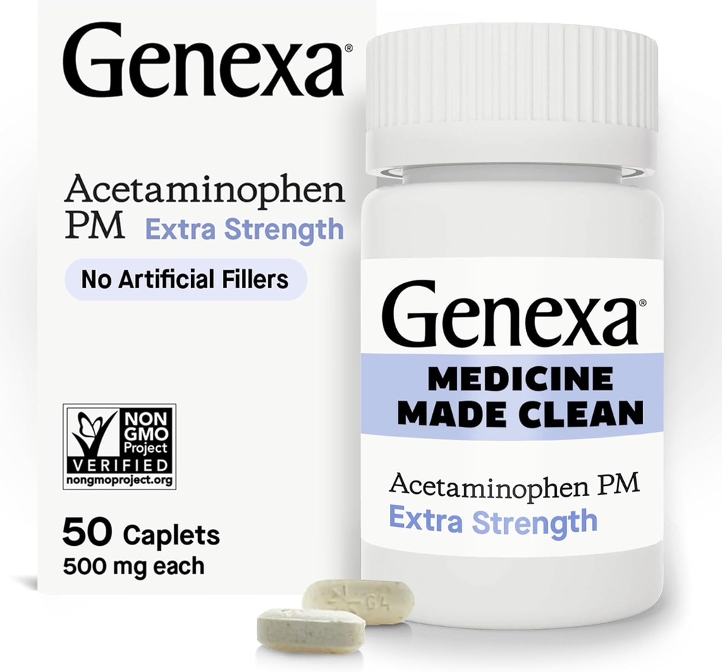 Genexa Clean Acetaminophen PM 500mg Extra Strength, Dye Free Pain Reliever, Nighttime Sleep Aid, Fever Reducer, 0% Artificial Additives, Relieves Headache, Backache, Minor Arthritis Pain, 50 Tablets