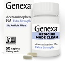 Genexa Clean Acetaminophen PM 500mg Extra Strength, Dye Free Pain Reliever, Nighttime Sleep Aid, Fever Reducer, 0% Artificial Additives, Relieves Headache, Backache, Minor Arthritis Pain, 50 Tablets