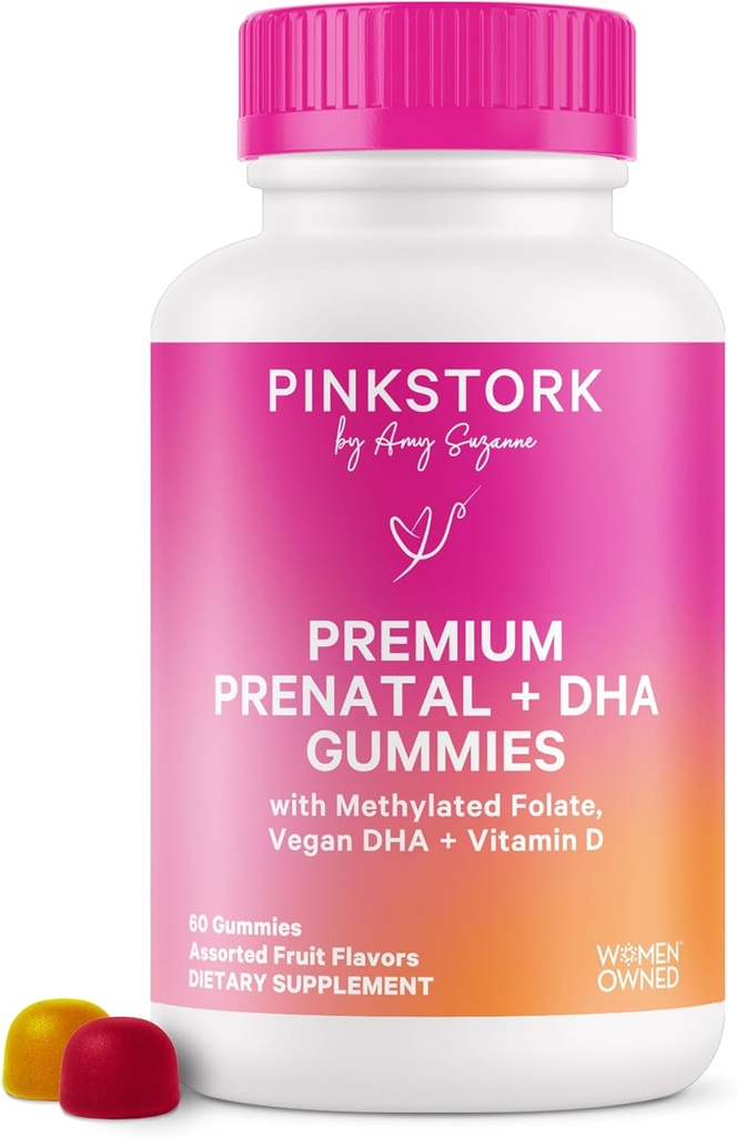 Pink Stork Premium Prenatal Gummy Vitamins with DHA, Folate, and Vitamin D - Multivitamin and Nutrient Blend for Neural Tube and Fetal Brain Development - Pregnancy Must Haves - 60 Vegan Gummies