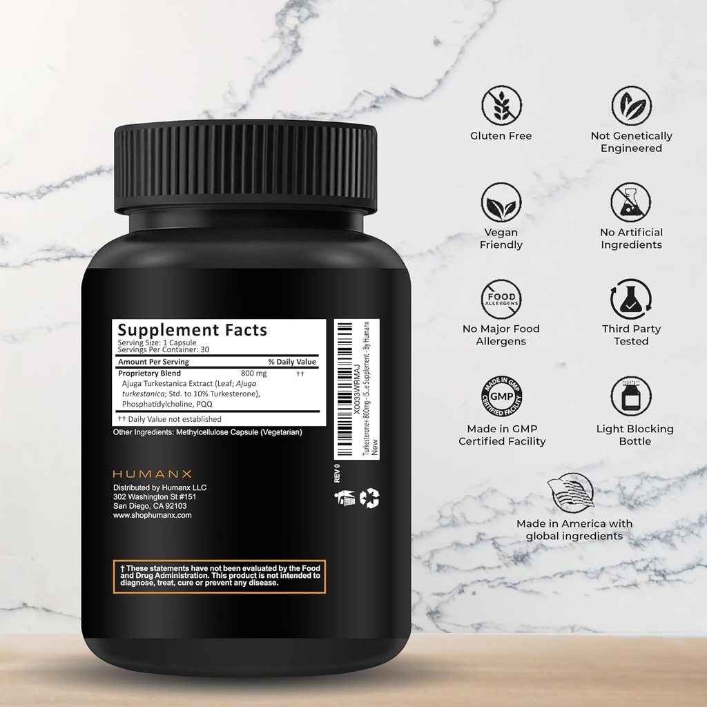HUMANX Turkesterone+ 800mg - USA Third Party Tested (Similar to Ecdysterone) for Muscular Development & Dynamic Athletic Performance - Natural Anabolic - Non GMO, Vegan - Turkesterone Supplement