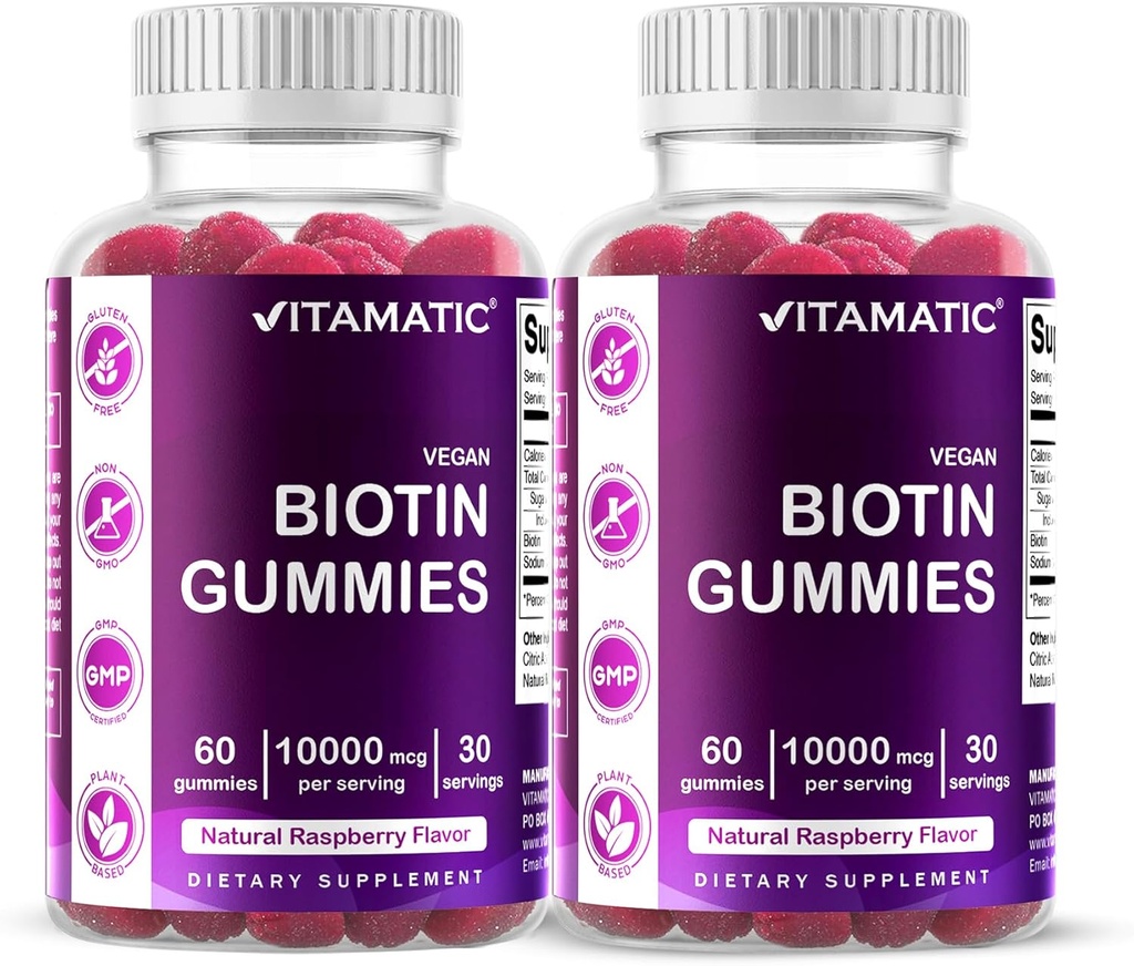Vitamatic Biotin Gummies 10,000 mcg for Stronger Hair, Skin & Nails - 60 Vegan Gummies - Also Called Vitamin B7 (2 Bottles)