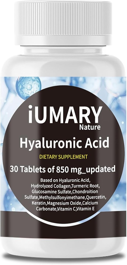 Hyaluronic Acid Supplements, 850mg High Bioavailable Dietary Hyaluronic Acid - Advanced Joint Support with Hydrolyzed Collagen, Turmeric, Glu-cosamine, MSM, Vitamin C – 30 Tablets（Pack of 1）