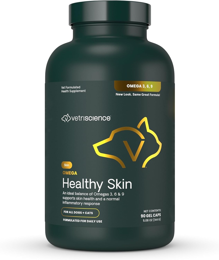 VetriScience Omega Healthy Skin Capsules, Omega 3.6.9 Fish Oil Supplement for Dogs and Cats, Skin Health, Coat Growth, Reduce Shedding, Over 750 mg Omega Fatty Acids per Capsule, Gel Caps, 90 Count