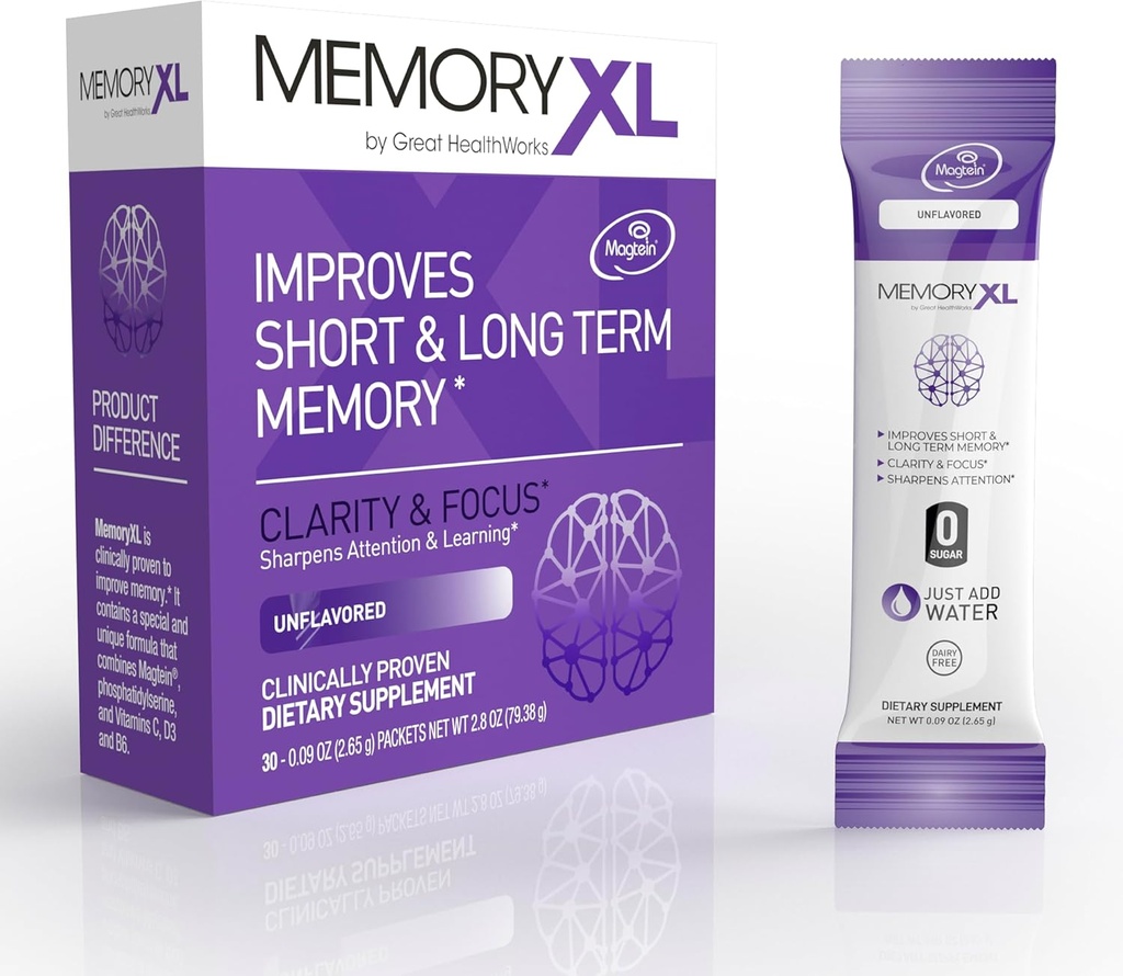 MemoryXL, Magnesium L-Threonate: Brain Supplement for Memory & Focus; Magtein®, Phosphatidylserine, Vitamin Mix. Improves Memory Focus Attention Learning & Logic. 0 Sugar, 0 Cal, 30pk Unflavored