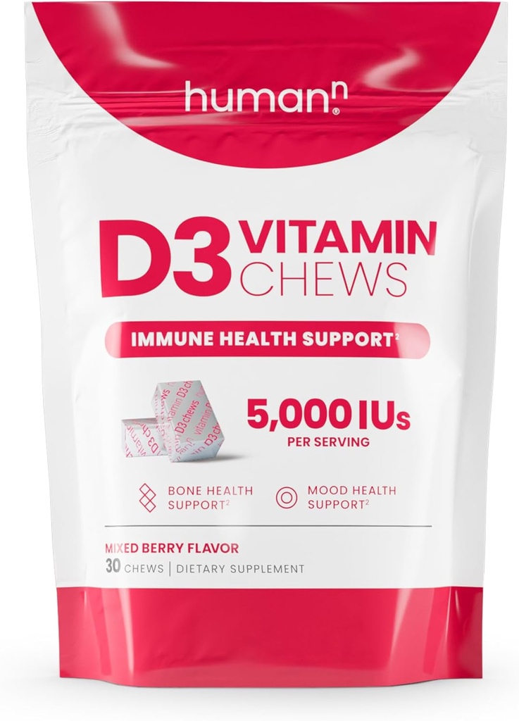 Humann Vitamin D3 Chews - High Potency Vitamin D 5000iu (125mcg) Helps Support Healthy Mood, Immunity, Respiratory Health & Bone Health, Mixed Berry Flavor, 30-Count
