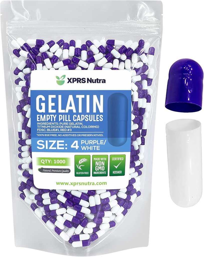 XPRS Nutra Size 4 Empty Capsules - 100 Count Small Empty Gelatin Capsules - Pills DIY Capsule Filling - Fillable Pure Bovine Pill Gel Caps for Do-It-Yourself Supplements (Purple/White)