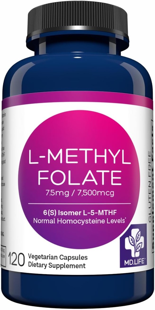 MD Life L-Methylfolate 7.5 mg Supplement - Professional-Grade Active L Methylfolate Supplement - 120 Capsules - L-Methylfolate 7.5mg - Maximum Potency MTHFR W/Essential Amino Acids