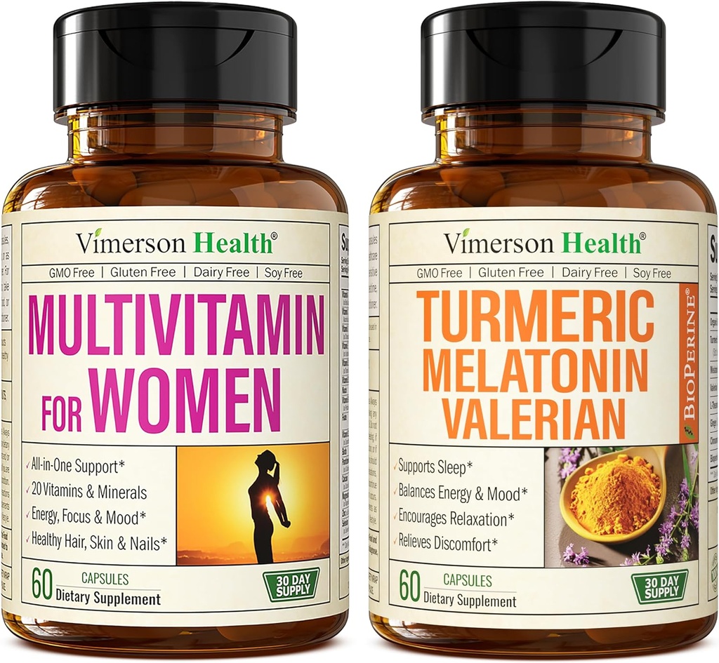 Women's Multivitamin + Turmeric Melatonin Valerian Bundle. Joint Support and Cartilage Comfort, Healthy Immune Response and Inflammatory Balance
