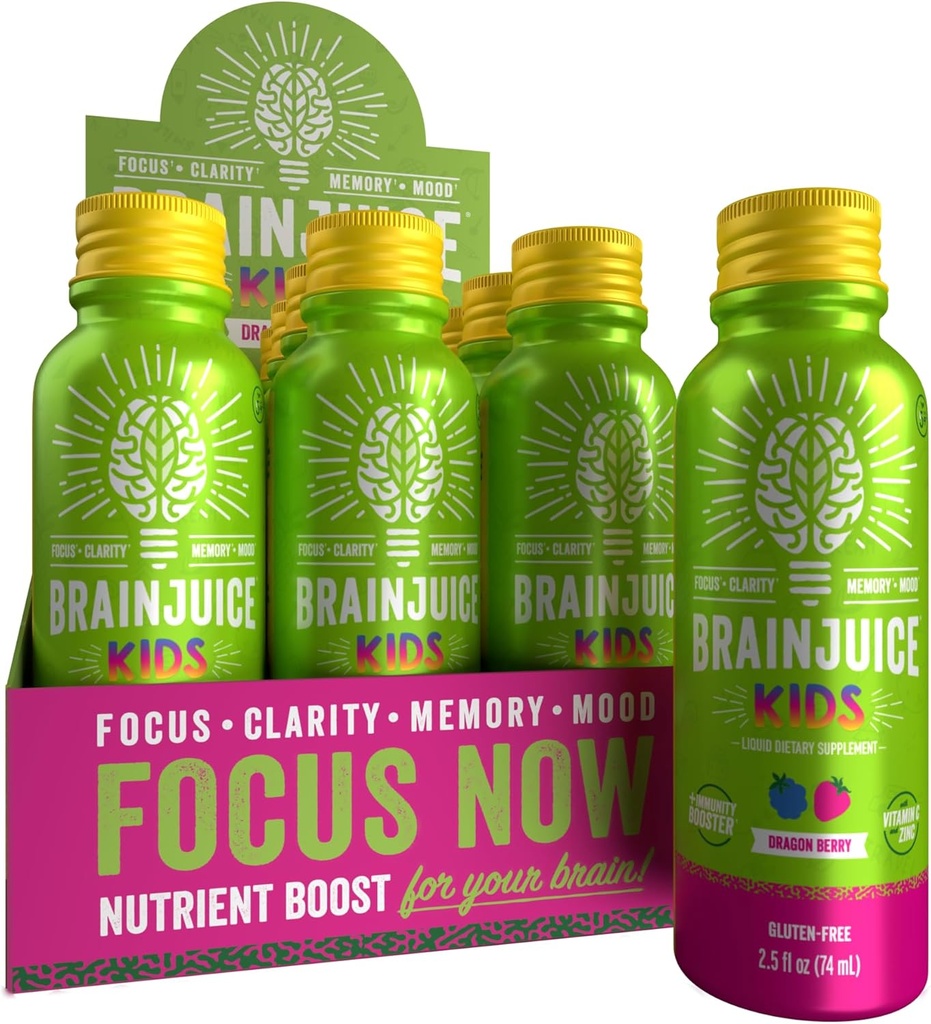 BrainJuice Kids Brain & Immune Support Shot, Gluten Free Supplement Shots for Energy, Focus, Immunity with Vitamin D, C, B, Alpha GPC & Organic Ginger Root, Ages 5+, Dragon Berry, 2.5 fl oz, 12 Pack