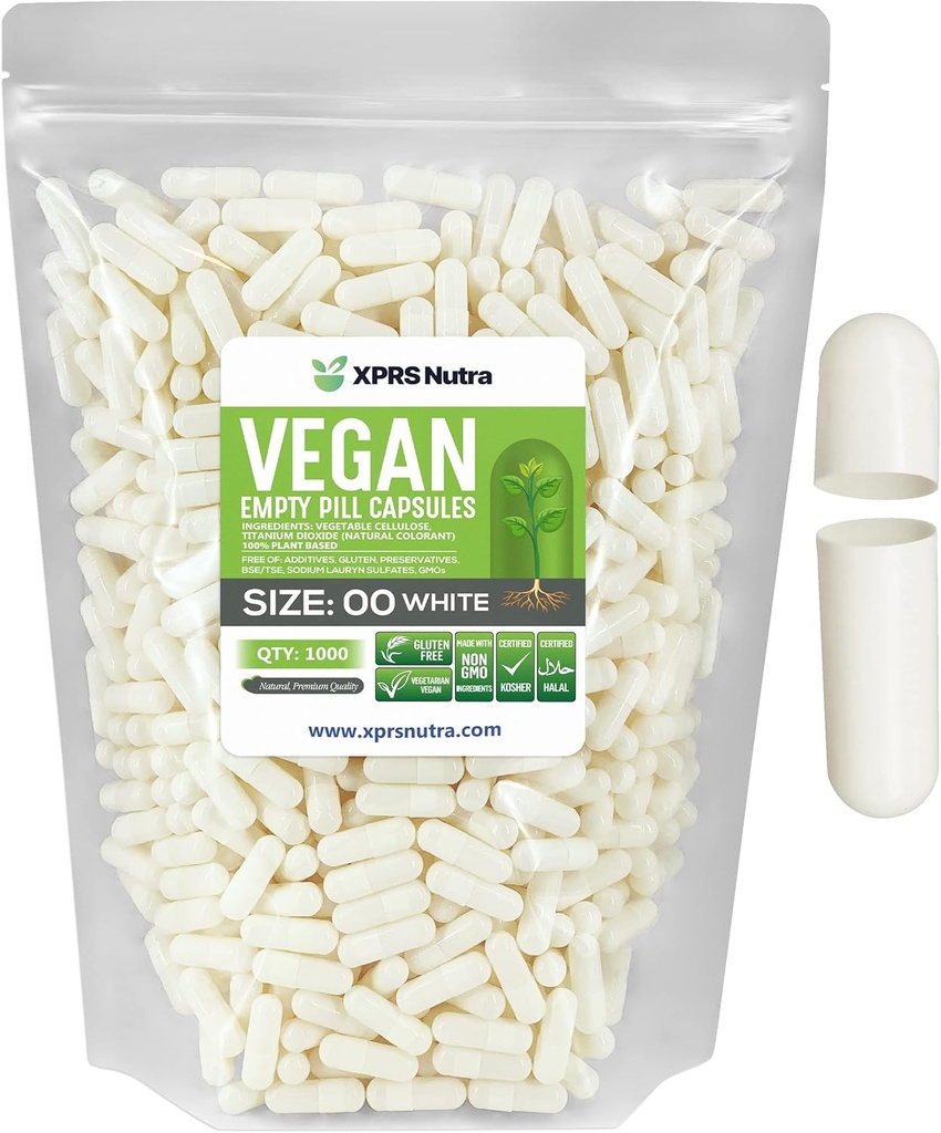 XPRS Nutra Size 00 Empty Capsules - 1000 Count Empty Vegan Capsules - Vegetarian Pills - DIY Vegetable Capsule Filling- Veggie Vegi Pill Caps for Do-It-Yourself Supplements and Vitamins (White)