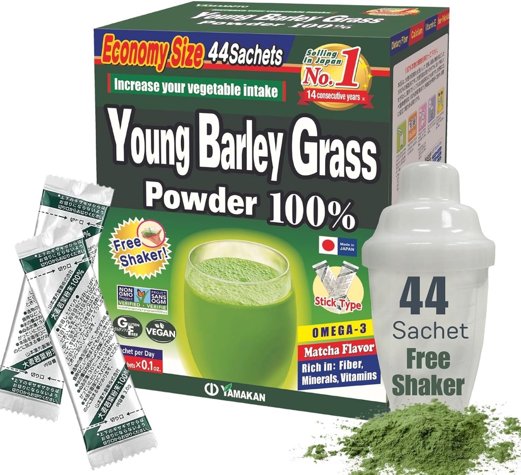 Yamamoto Kanpoh YAMAKAN Young Barley Grass Powder, Grass Juice for Gut Health & Vitality, Rich in Vitamins & Minerals for Women & Men, Super Greens Powder, Non GMO, Gluten-Free & Vegan, 44 Count