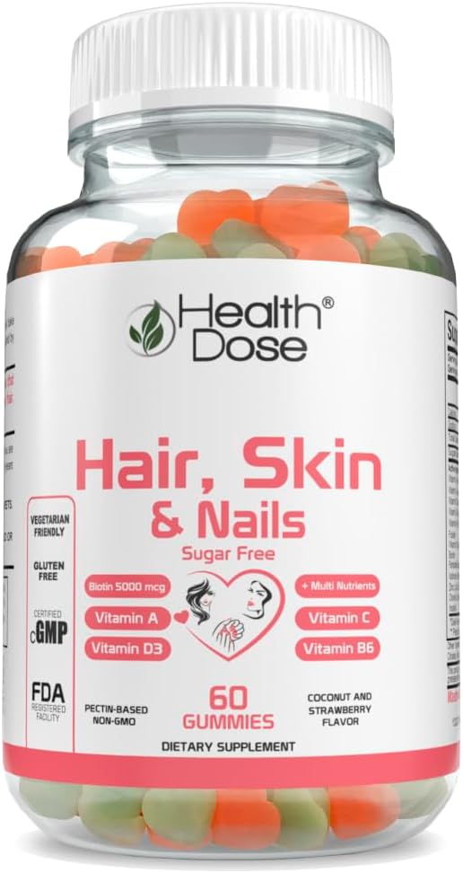 Health Dose Hair Skin Nails with Biotin 5000 mcg, Vitamin A,D3,C & B6, Gluten & Sugar Free, Coconut & Strawberry Flavor 60 Count Gummies.