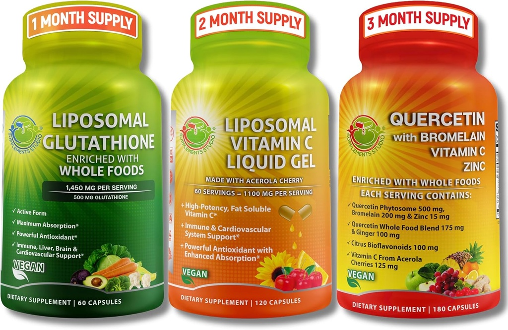 Daily Immune & Antioxidant Support Bundle – Liposomal Vitamin C 1100mg Liquid Gel + Liposomal Glutathione 500mg + Quercetin with Bromelain, Zinc & Whole Food Blend – Non-GMO, Maximum Absorption