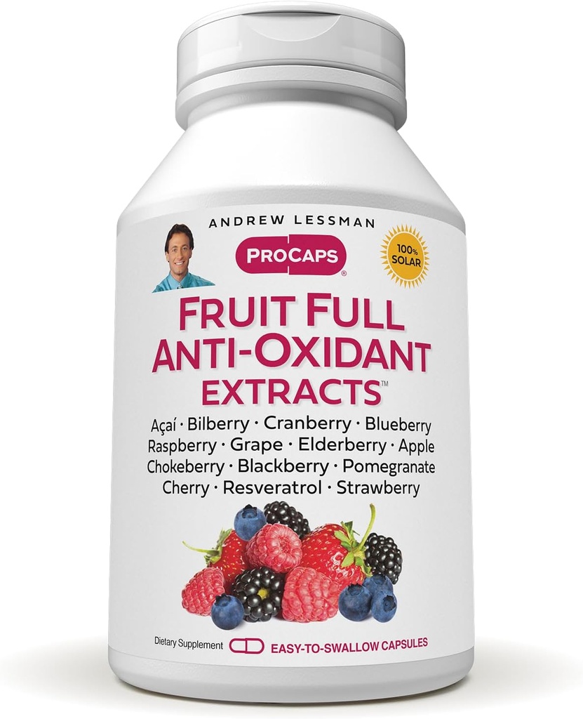 ANDREW LESSMAN Fruit Full Anti-Oxidant Extracts 360 Capsules - 14 Natural Fruit and Berry Extracts. Bilberry, Cranberry, Grape Seed, Pomegranate, Resveratrol, and More. Easy to Swallow Capsules