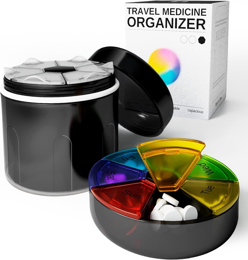 Large Supplement Organizer Bottle - Pill Dispenser 2 in 1 - Big Vitamin Holder and Portable Magnetic Pill Box with 7 Compartments Medication Storage Container Sorter with Labels Travel Medicine Case