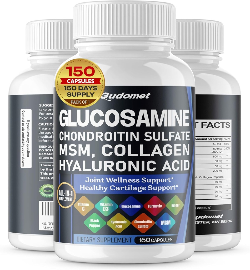 Glucosamine Chondroitin sulfate Methylsulfonylmethane Hyaluronic Acid Turmeric Ginger Vitamin C, D3, Black Pepper -150 Capsules