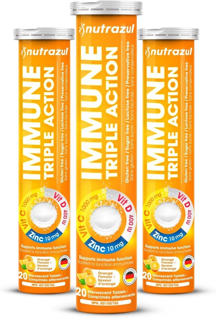 nutrazul Immune Triple Action Effervescent Tablets with Vitamin C 1000mg, Vitamin D, Zinc, Support Daily Routine, Vegan, Gluten-Free, Sugar-Free, Lactose-Free, Orange Flavor, 20 Tablets, (Pack of 3)