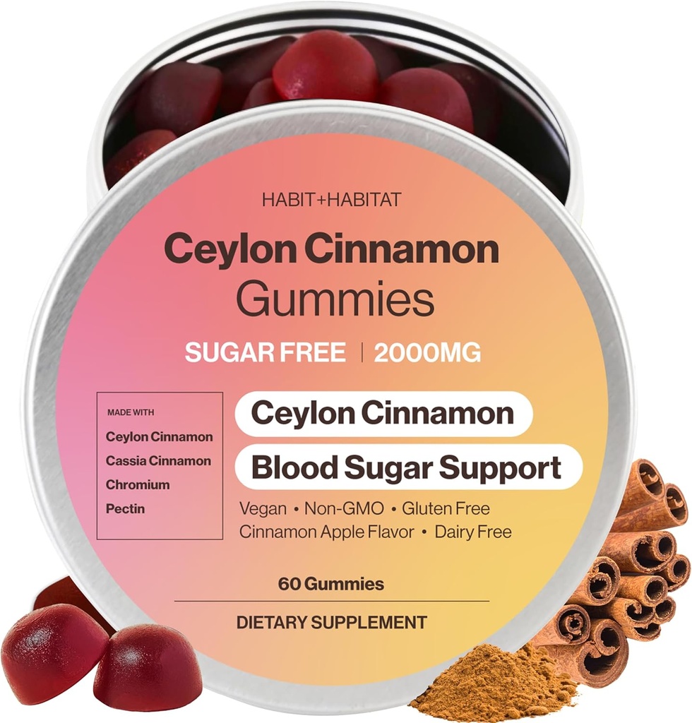 Ceylon Cinnamon Gummies – 2000mg Cinnamon Complex with Chromium – Sugar-Free Vegan Supplement in Plastic-Free Recyclable Tins – Delicious Apple Pie Flavor – Gluten-Free, Non-GMO