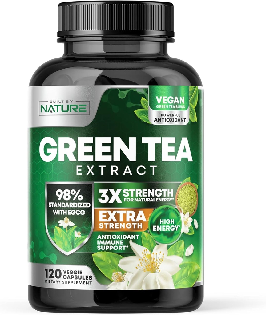 Built by Nature Green Tea Extract 1000mg – High Potency Supplement with 98% Polyphenols, 75% Catechins & 45% EGCG – Natural Energy Support – Non-GMO – 120 Capsules