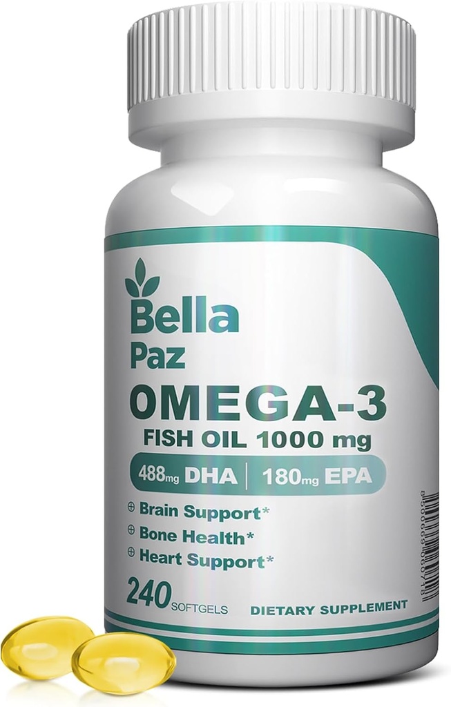 Omega 3 FishOil Supplements - 1000mg Fish Oil 788 mg Omega-3 Fatty Acid Burpless, 488 DHA & 180 EPA for Muscle Bone Heart Brain Support and Health, Supplements for Men and Women, 240 Softgels
